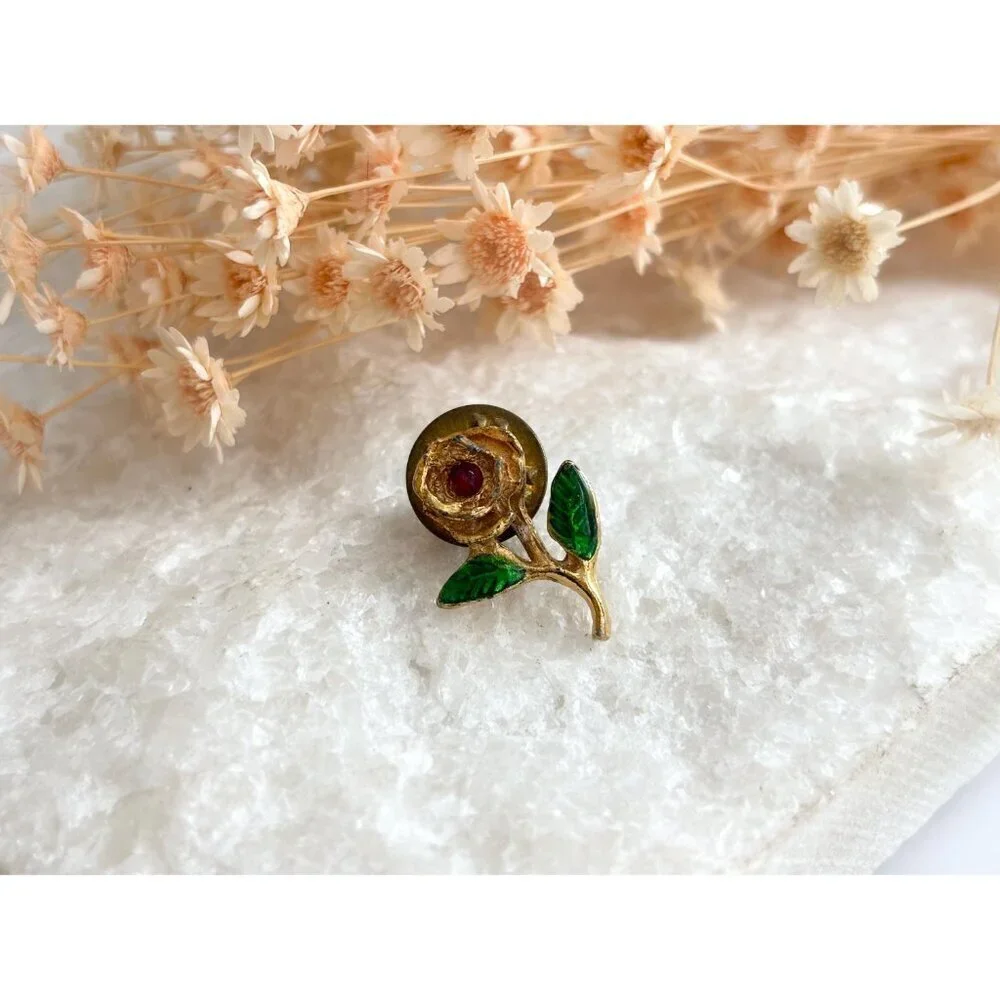 Gold Toned Rosebud Green Enameled Vintage Cute Costume Jewelry Brooch